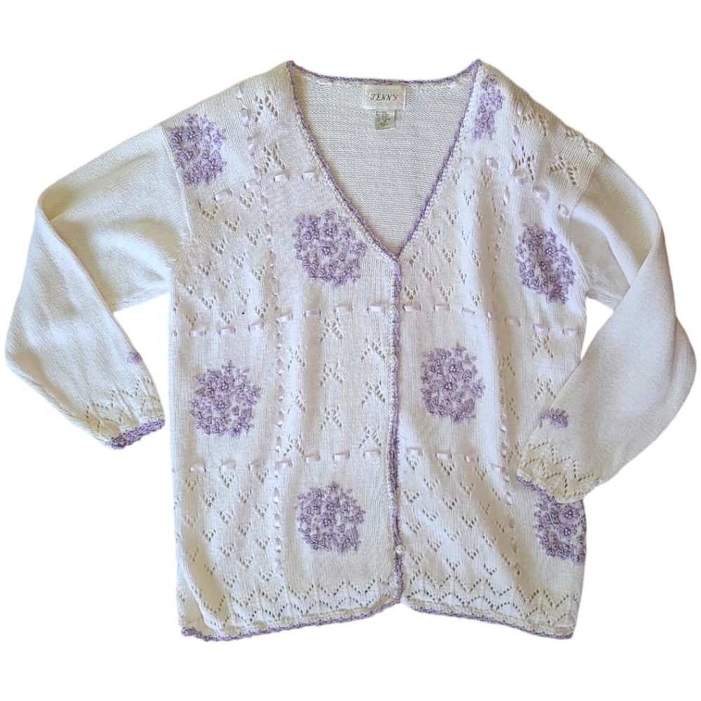 Vtg Jenny Floral Embroidered Knit Cardigan Sweater‎ white lavender M Vintage